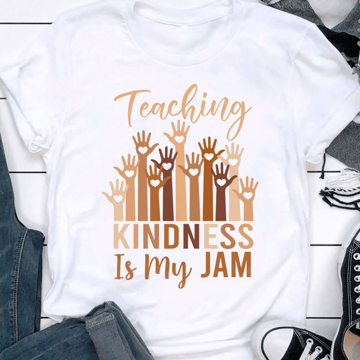 Classic T-Shirt For Teachers Teaching Kindness Colorful Raised Hand Design Custom Name Back To School Outfit