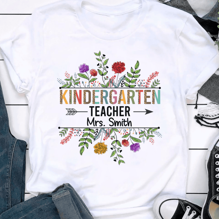 Personalized T-Shirt For Teacher Colorful Leopard Flowers Design Arrow Print Custom Name Back To School Outfit