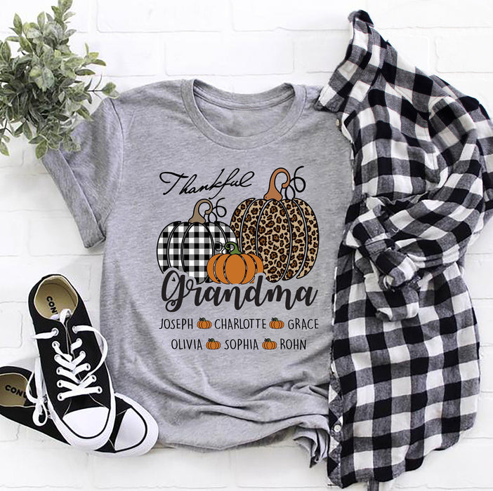 Personalized T-Shirt For Grandma Thankful Grandma Cute Pumpkin Printed Plaid Orange Leopard Design Custom Grandkids Name