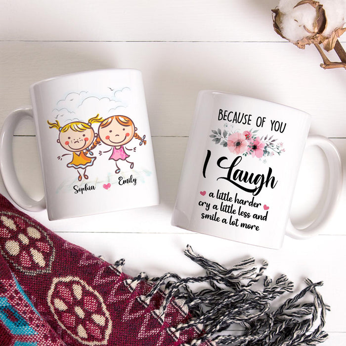 Personalized Ceramic Coffee Mug For Bestie BFF I Laugh A Little Harder Girls & Flower Print Custom Name 11 15oz Cup