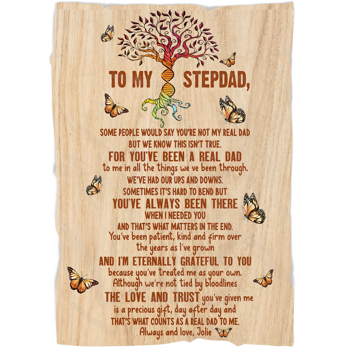 Personalized Wooden Fleece Blanket To My Stepdad DNA Tree & Butterfly Prints Customized Name Sherpa Blankets