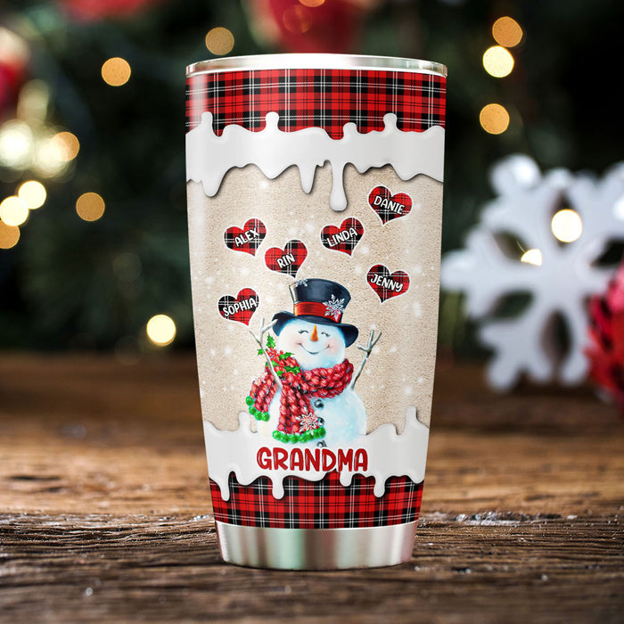 Personalized Tumbler Gifts For Grandma Cute Snowman Red Plaid Heart Custom Grandkids Name Travel Cup For Christmas