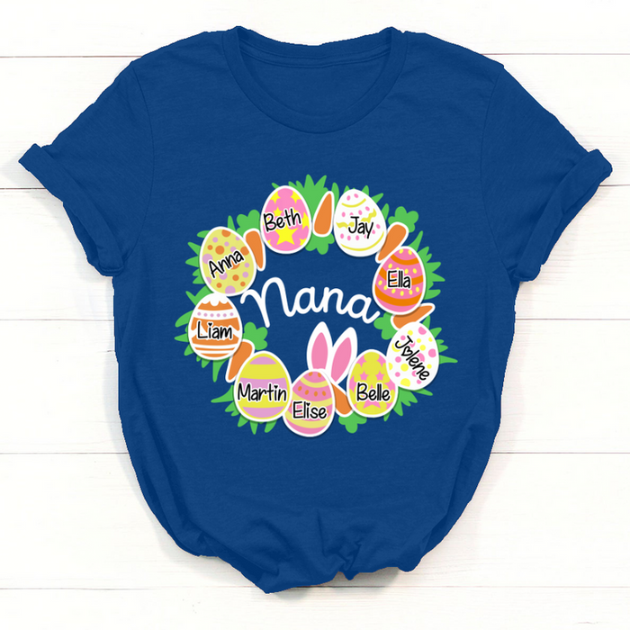 Personalized T-Shirt For Grandma Nana Colorful Eggs & Carrot Printed Custom Grandkids Name Happy Easter Day Shirt
