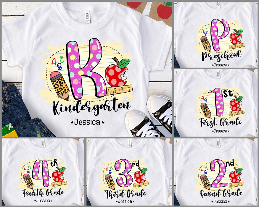 Personalized T-Shirt For Kid Back To School Hello Kindergarten Leopard Pencil Polka Dot Apple Custom Name & Grade Level