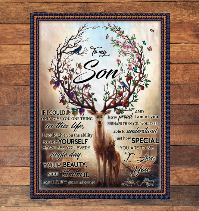 Personalized Fleece Blanket To My Son From Mom Beautiful Deer Tree Design Prints Customized Name Premium Throws