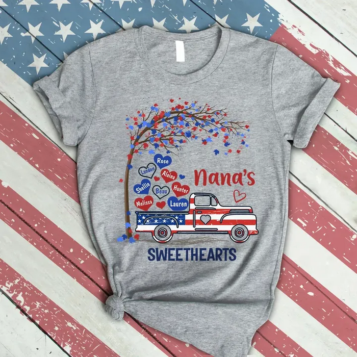 Personalized T-Shirt For Grandma USA Flag Design Tree & Truck Printed Custom Grandkids Name 4th Of July Shirt