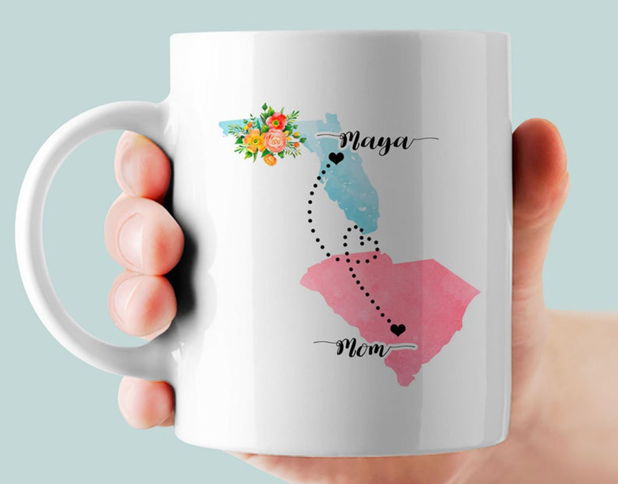 Personalized Coffee Mug For Mom Family My Mom Forever Never Apart Floral Custom Name White Cup State To State Map Gifts