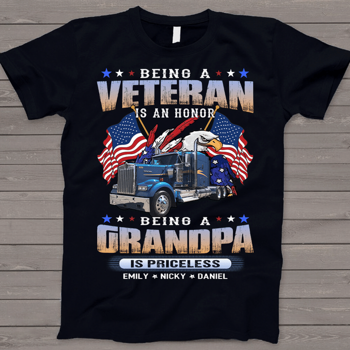 Personalized T-Shirt For Grandpa Vintage Eagle & Truck USA Flag Design Custom Grandkids Name 4th July Day Shirt