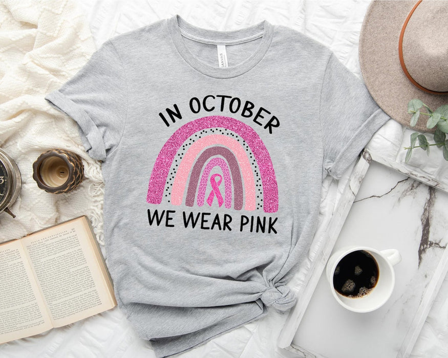 Classic Unisex T-Shirt For Breast Cancer Awareness Month In October We Wear Pink Boho Rainbow With Ribbon Printed