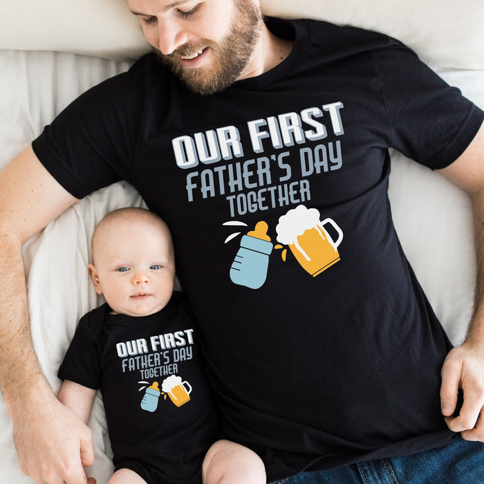 Classic Matching T-Shirt & Baby Onesie Our First Father's Day Funny Beer & Milk Custom Name Daddy & Baby Set