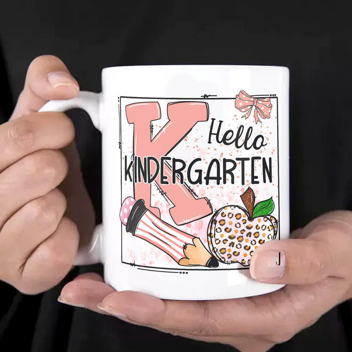 Personalized Ceramic Coffee Mug Hello Kindergarten Pencil & Apple Print Custom Grade 11 15oz Back To School Cup