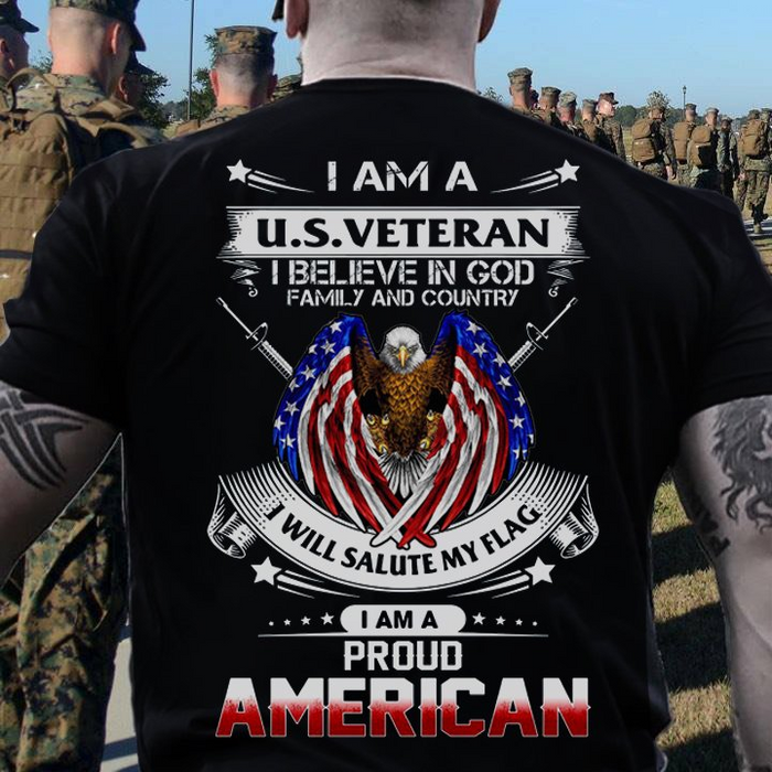 Classic T-Shirt For Men I Am A US Veteran I Believe In God Family And Country American Eagle With Guns US Flag Printed
