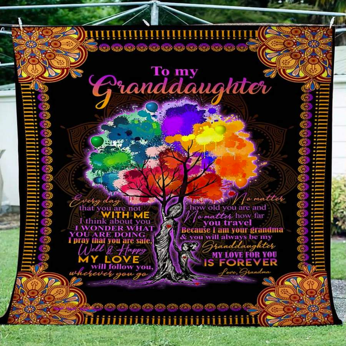 Personalized Mandala Blanket To My Granddaughter Watercolor Tree Printed Fleece Blanket Custom Name