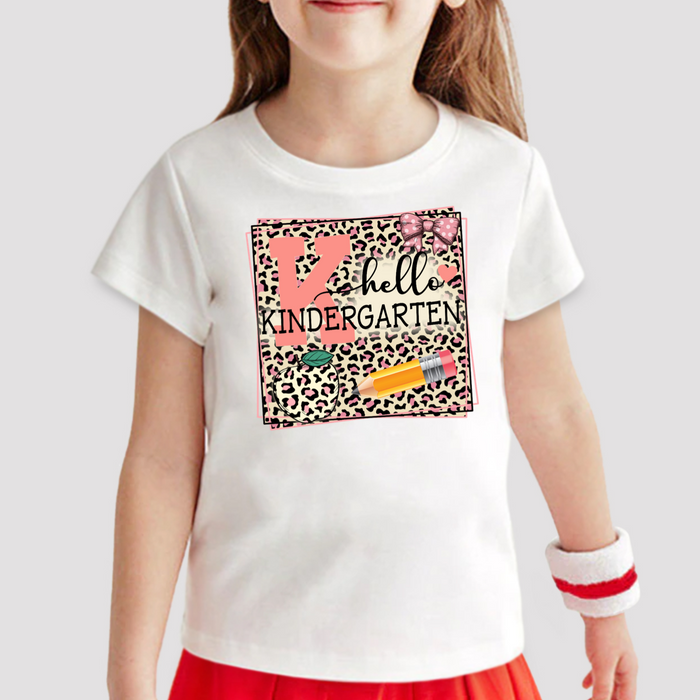 Personalized T-Shirt For Kids Hello Kindergarten Pencil Apple Leopard Design Custom Grade Level Back To School Outfit