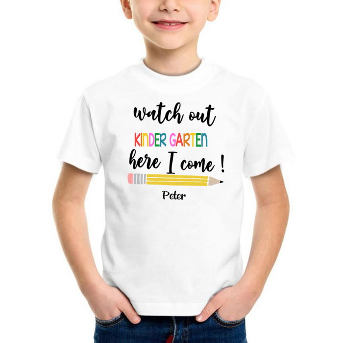 Personalized T-Shirt For Kids Watch Out Pre K Here I Come Pencil Printed Custom Name And Grade Level