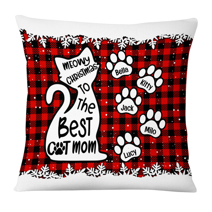 Personalized Square Pillow Gifts For Cat Lovers Meowy Christmas Red Plaid Pawprints Custom Name Xmas Sofa Cushion