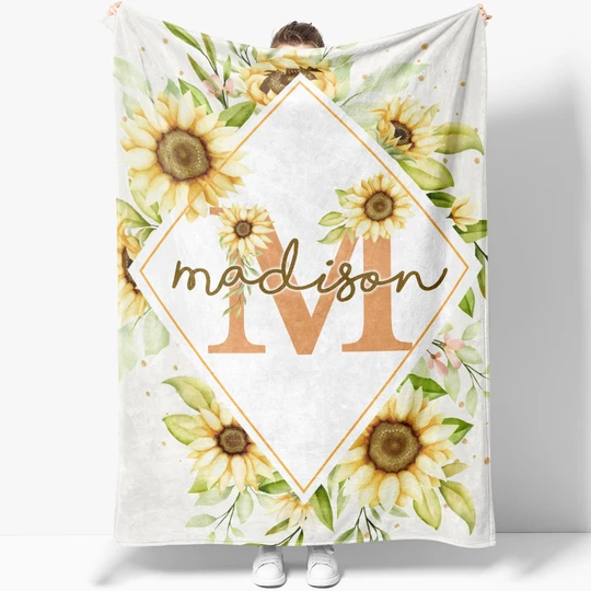 Personalized Fleece Sherpa Blanket For Woman Mom Daughter Girl Custom Blanket With Name On Sunflower Themed
