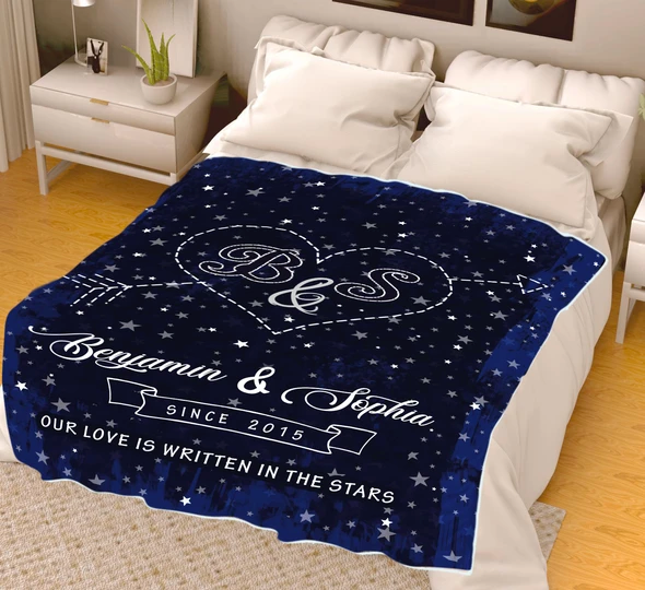 Personalized Fleece Blanket For Couple Our Love Is Written In The Stars Print Heart & Arrow Custom Names Year & Initial