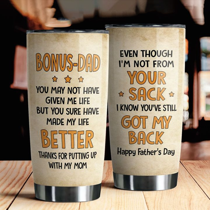 Personalized Tumbler Gifts For Bonus Dad Funny Thanks For Putting Up With My Mom Custom Name Travel Cup For Christmas