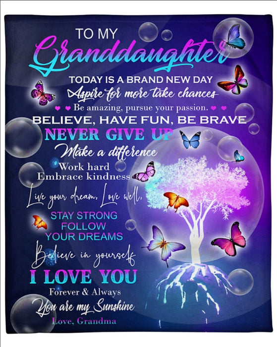 Personalized To My Granddaughter Blanket From Grandma Believe Have Fun Be Brave Never Give Up Butterfly & Tree Printed
