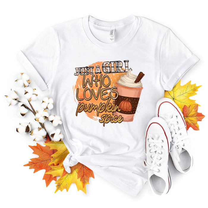 Classic T-Shirt For Women Just A Girl Who Loves Pumpkin Spice Plaid Sparkle Design With Pumpkin Cup Printed Fall Shirt