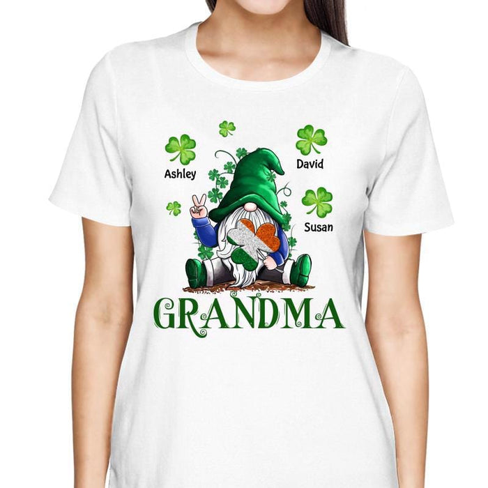Personalized T-Shirt For Grandma Cute Gnome With Shamrocks Printed Custom Grandkids Name St Patrick'S Day Shirt