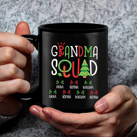 Personalized Coffee Mug Gifts For Grandmother Nana Squad Candy Cane Pine Tree Custom Grandkids Name Christmas Black Cup