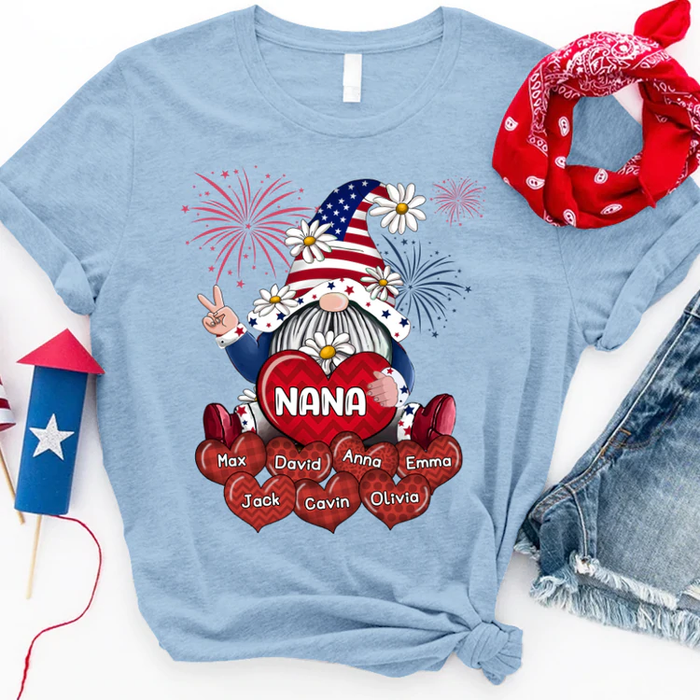 Personalized Patriotic T-Shirt For Grandma Gnome & Hearts Print USA Flag Design Custom Name 4th Of July Shirt