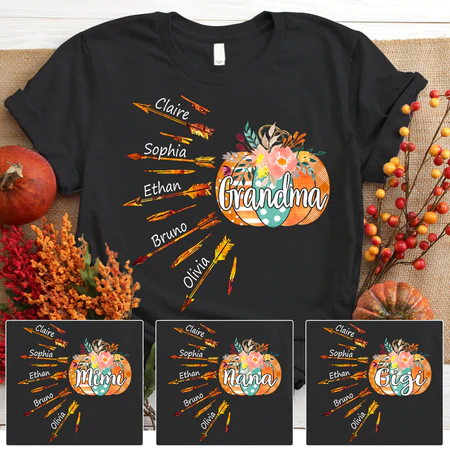 Personalized T-Shirt For Grandma Colorful Design Arrow Flower & Pumpkin Custom Grandkid's Name Mother's Day Shirt