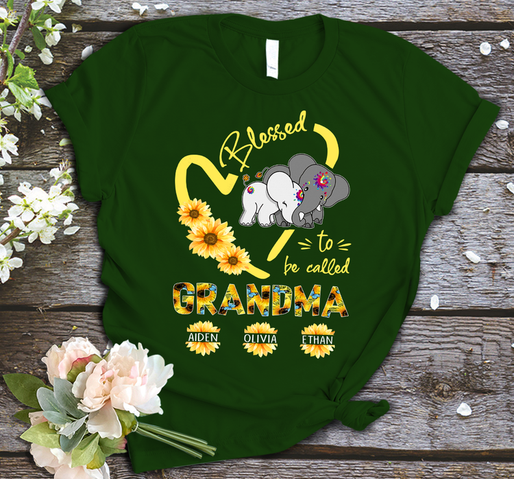 Personalized T-Shirt Blessed To Be Called Grandma Sunflower Heart & Cute Elephant Printed Custom Grandkids Name