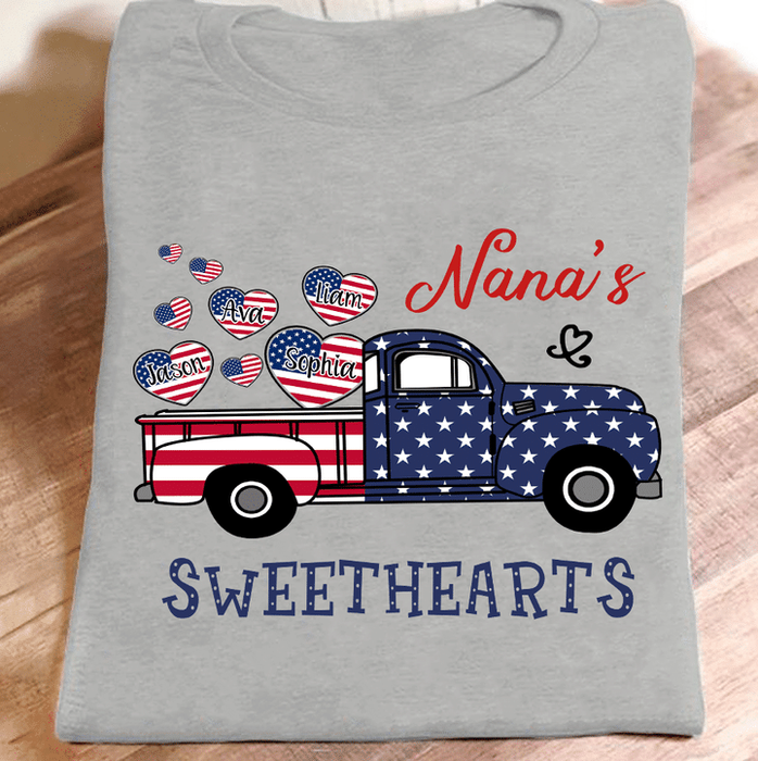 Personalized T-Shirt For Grandma USA Flag Design Truck & Cute Heart Custom Grandkids Name Independence Day Shirt