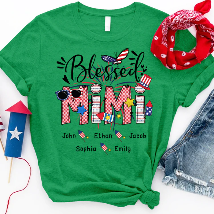 Personalized T-Shirt For Grandma Blessed Mimi USA Flag & Plaid Design Custom Grandkids Name 4th Of July Shirt