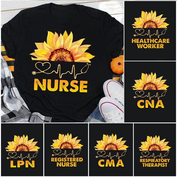 Personalized T-Shirt For Nurse Haft Of Sunflower Printed With Heart Beat Line Design Custom Title CNA LPN Shirt