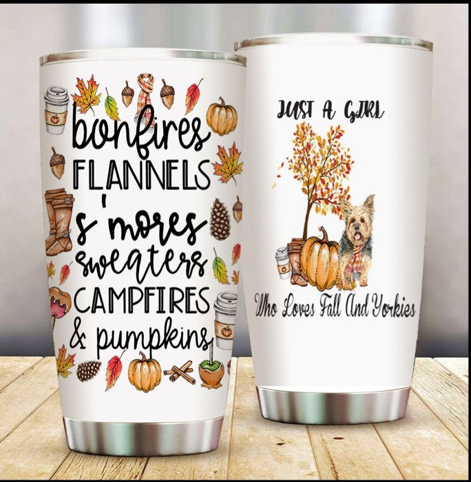 Personalized Tumbler For Pet Lover Pumpkins A Girl Love Fall & Yorkie Travel Cup Gifts Custom Name For Thanksgiving