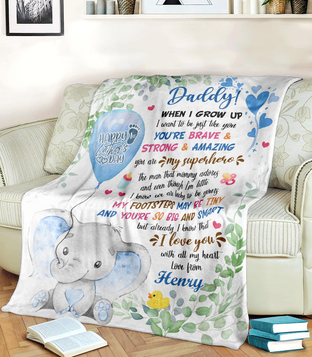 Personalized Blanket To My Dad From Baby Bump Happy First Father's Cute Baby Elephant & Flower Custom Name