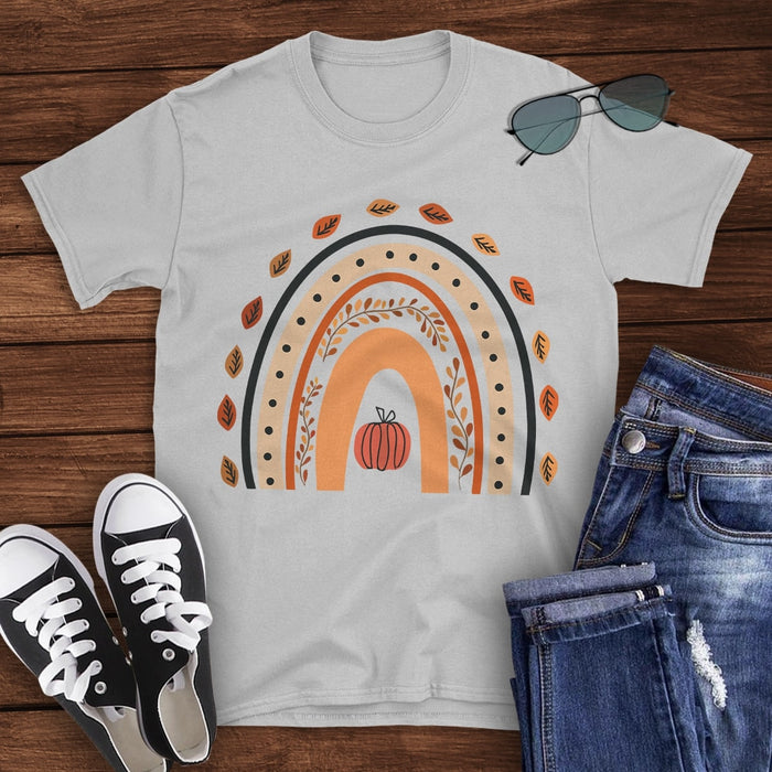 Classic T-Shirt For Kids Cute Boho Rainbow With Pumpkin Leaves Printed Funny Design Fall Shirt Thanksgiving Shirt
