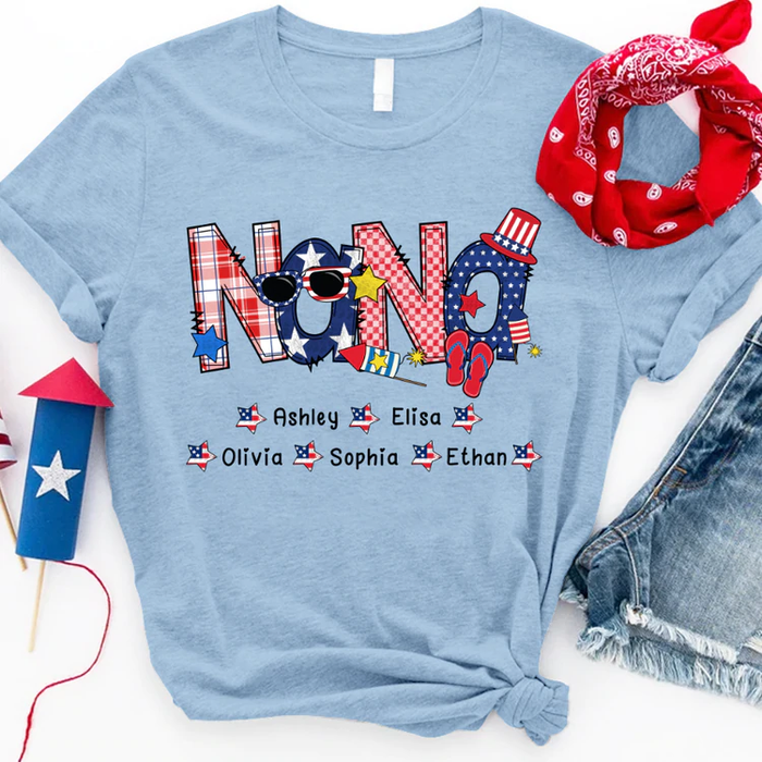 Personalized T-Shirt For Grandma Nana Sunglasses Print USA Flag Design Custom Grandkids Name 4th Of July Shirt