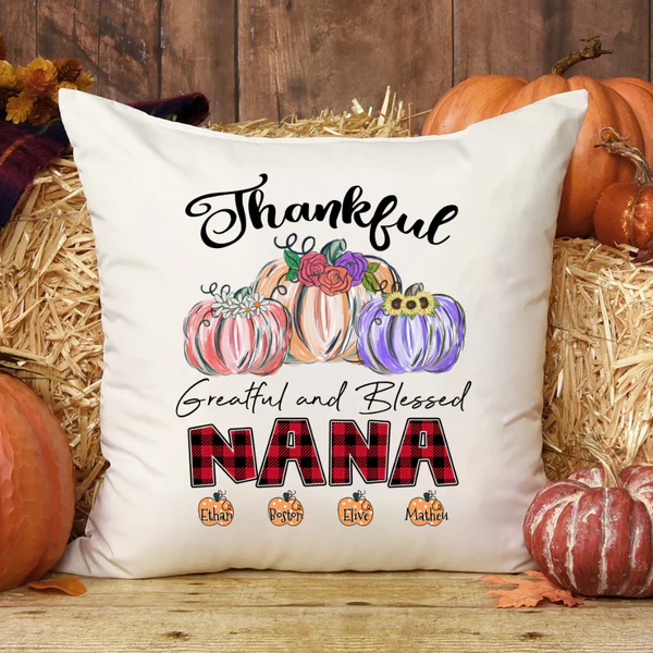 Personalized Square Pillow For Grandma Grateful Blessed Red Plaid Custom Grandkids Name Sofa Cushion Thanksgiving Gifts