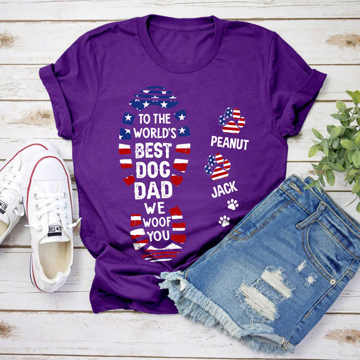 Personalized T-Shirt For Dog Dad We Woof You Footprint & America Flag Design Custom Dog Name 4th Of July Shirt