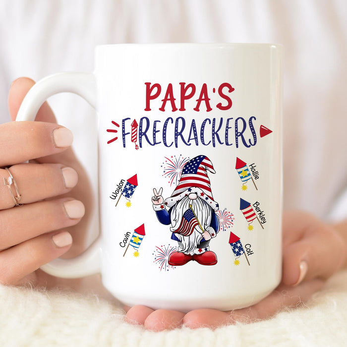 Personalized Ceramic Coffee Mug For Grandpa Papa's Firecrackers USA Flag Design Custom Name 11 15oz 4th Of July Cup