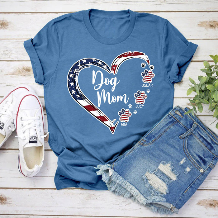 Personalized T-Shirt For Dog Mom Heart & Paw Printed USA Flag Design Custom Dogs Name Independence Day Shirt