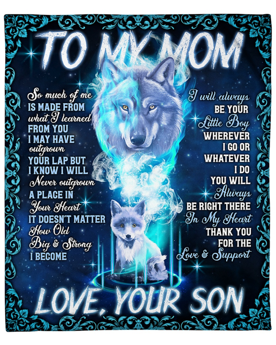 Personalized To My Mom Blanket From Son In My Heart Old And Baby Wolf Printed Galaxy Background Custom Name