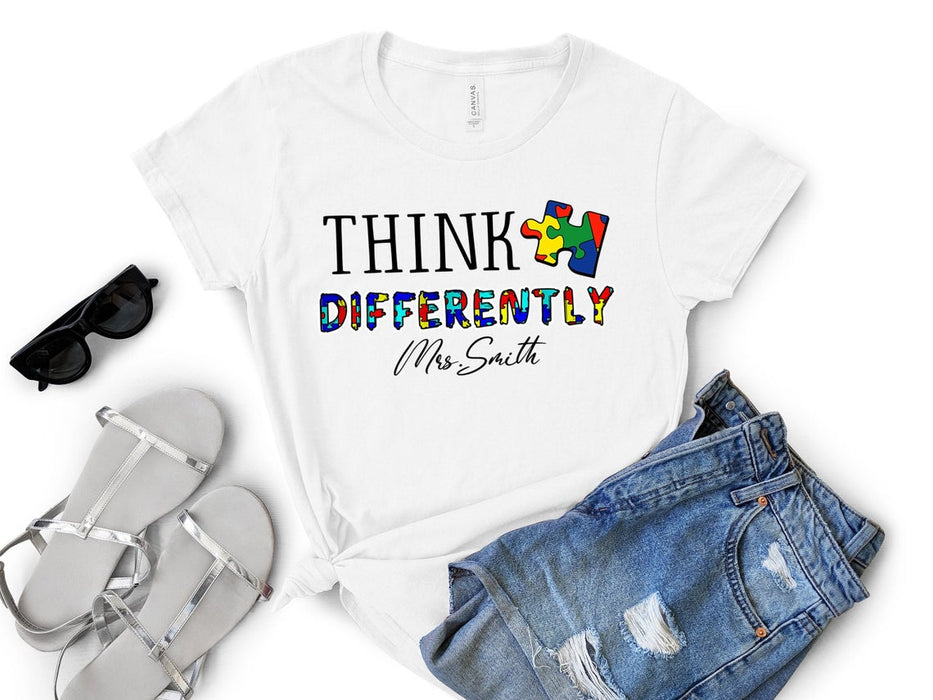 Personalized T-Shirt For Teacher Think Differently Color Words Puzzle Printed Custom Name Back To School Outfit