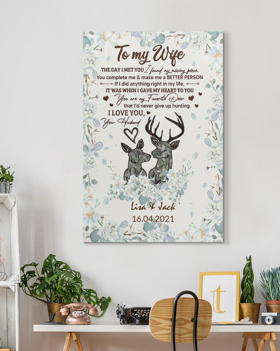 Personalized To My Wife Canvas Wall Art From Husband Camo Heart Buck And Doe Hunting Custom Name Poster Prints Gifts