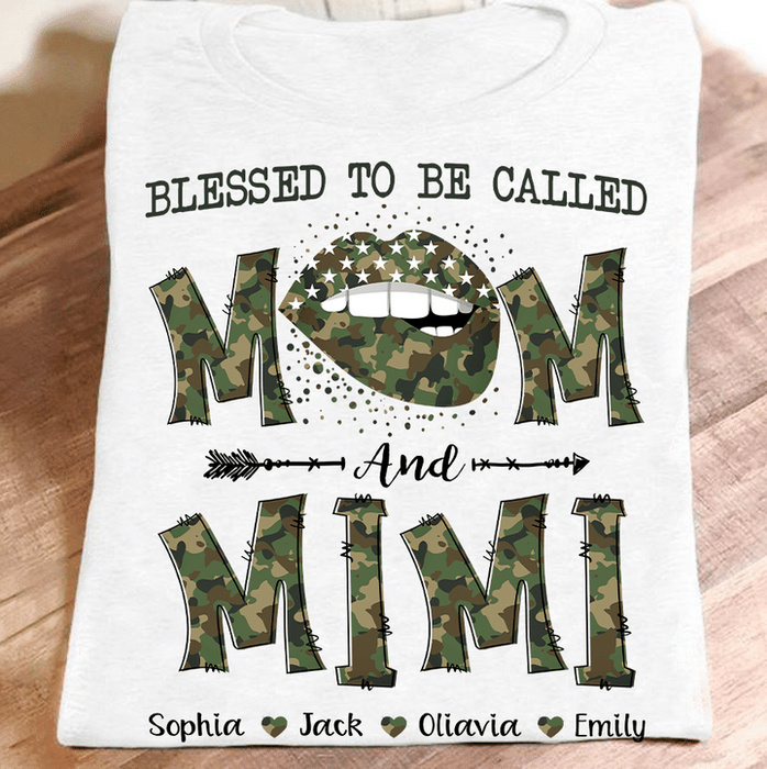 Personalized T-Shirt For Grandma Blessed To Be Called Mom & Mimi Camouflage Design With Sexy Lip Custom Grandkids Name