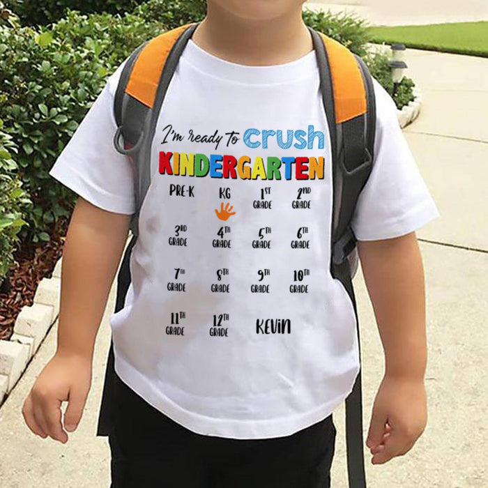 Personalized T-Shirt For Kids Colorful Handprint Ready To Crush Kindergarten Custom Name Back To School Outfit