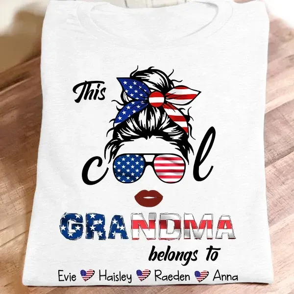 Personalized T-Shirt This Cool Grandma USA Flag Design Sunglass Print Custom Grandkids Name 4th July Day Shirt