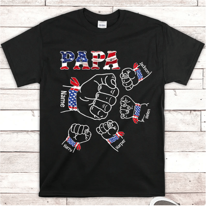 Personalized T-Shirt For Grandpa Papa USA Flag Design Fist Bump Printed Custom Grandkids Name 4th July Day Shirt
