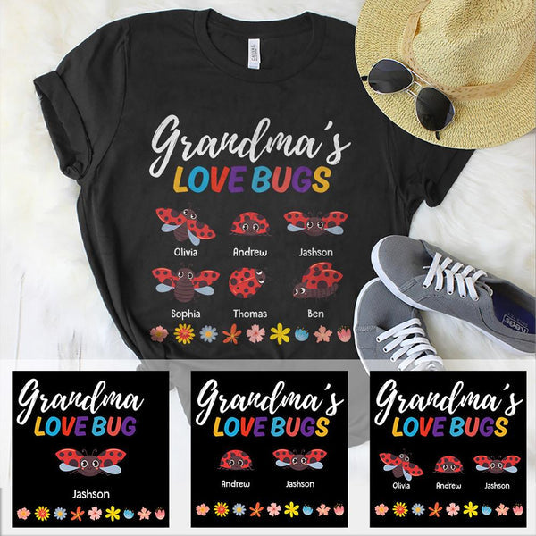 Personalized T-Shirt Grandma'S Love Bugs Cute Bug And Flower Printed Custom Grandkids Name Mothers Day Shirt