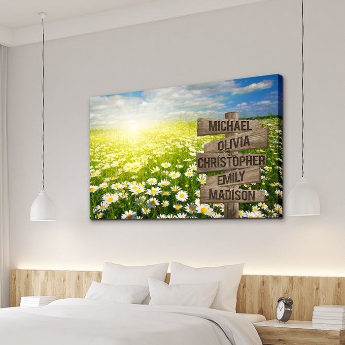 Personalized Canvas Wall Art Gifts For Family Field Of Daisies Blue Sky Sunset Custom Name Poster Prints Wall Decor